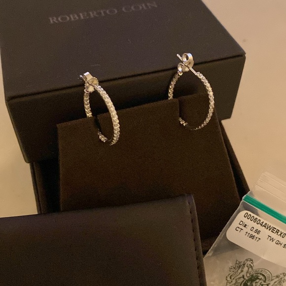 Pair of 18k White Gold & Diamond Inside/Outside Roberto Coin Hoops - Picture 5 of 11